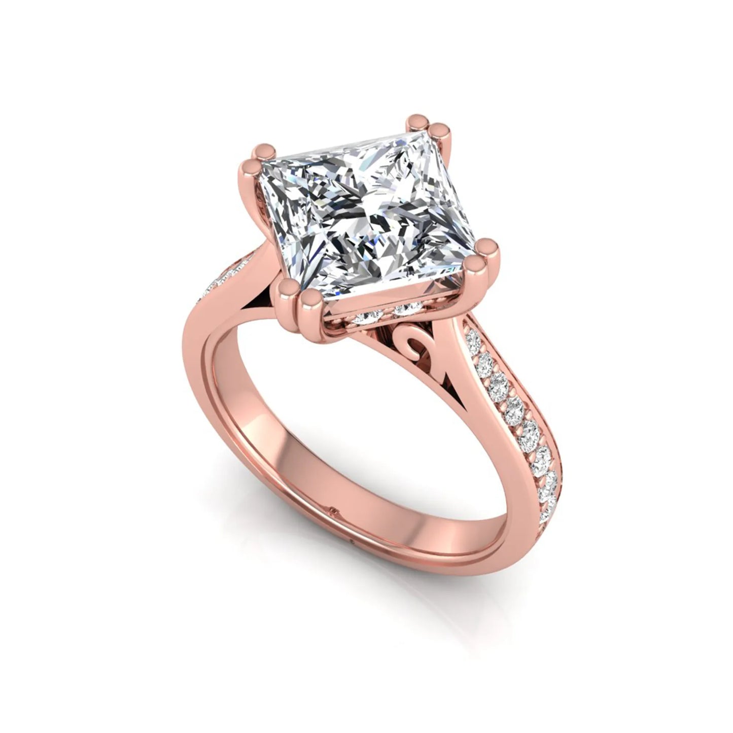 Princess cut lab grown diamond engagement ring featuring a 3.01 carat center diamond in a four-prong solitaire setting with a pavé accent band and polished rose gold tone finish.
