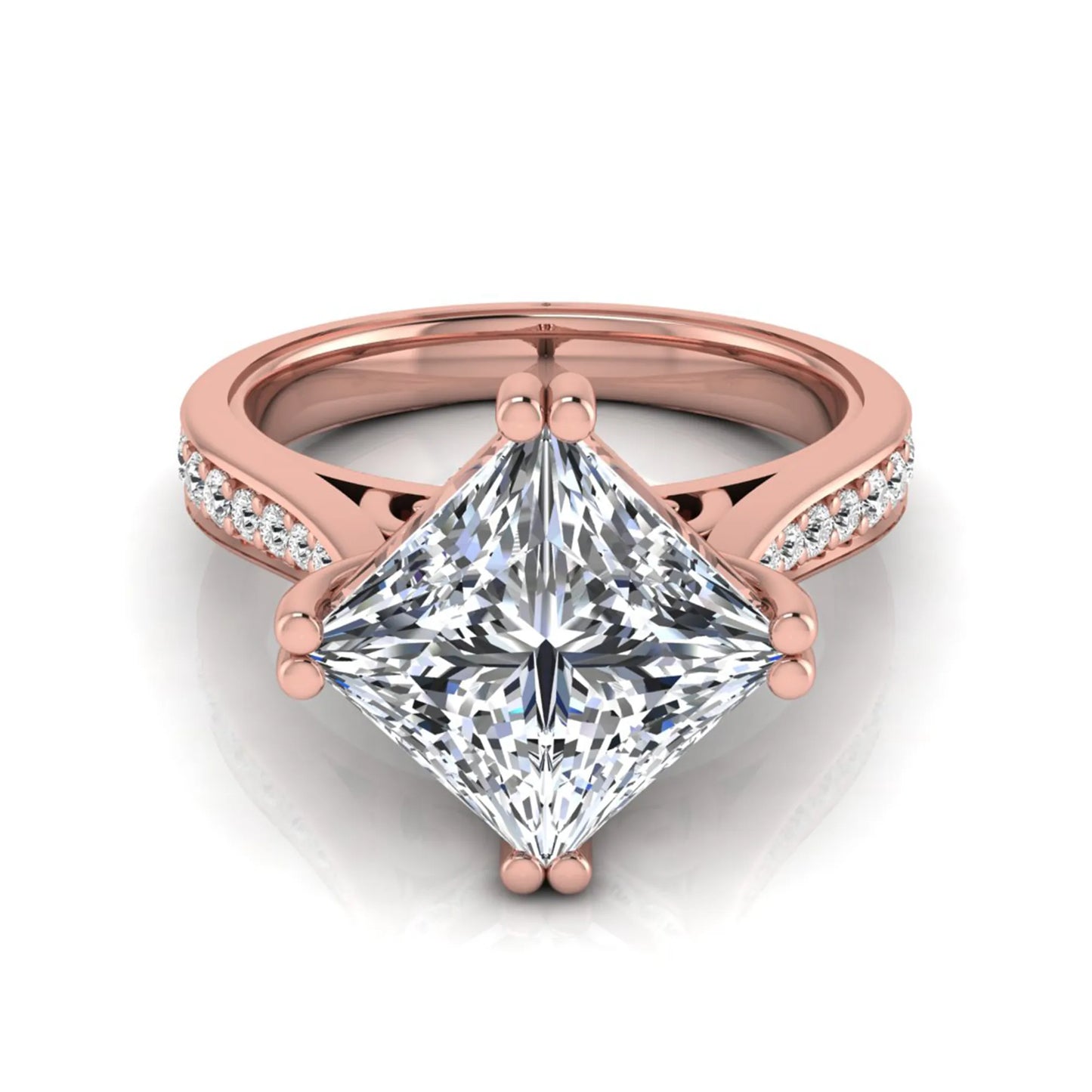 Princess cut lab grown diamond engagement ring featuring a 3.01 carat center diamond in a four-prong solitaire setting with a pavé accent band and polished rose gold tone finish.