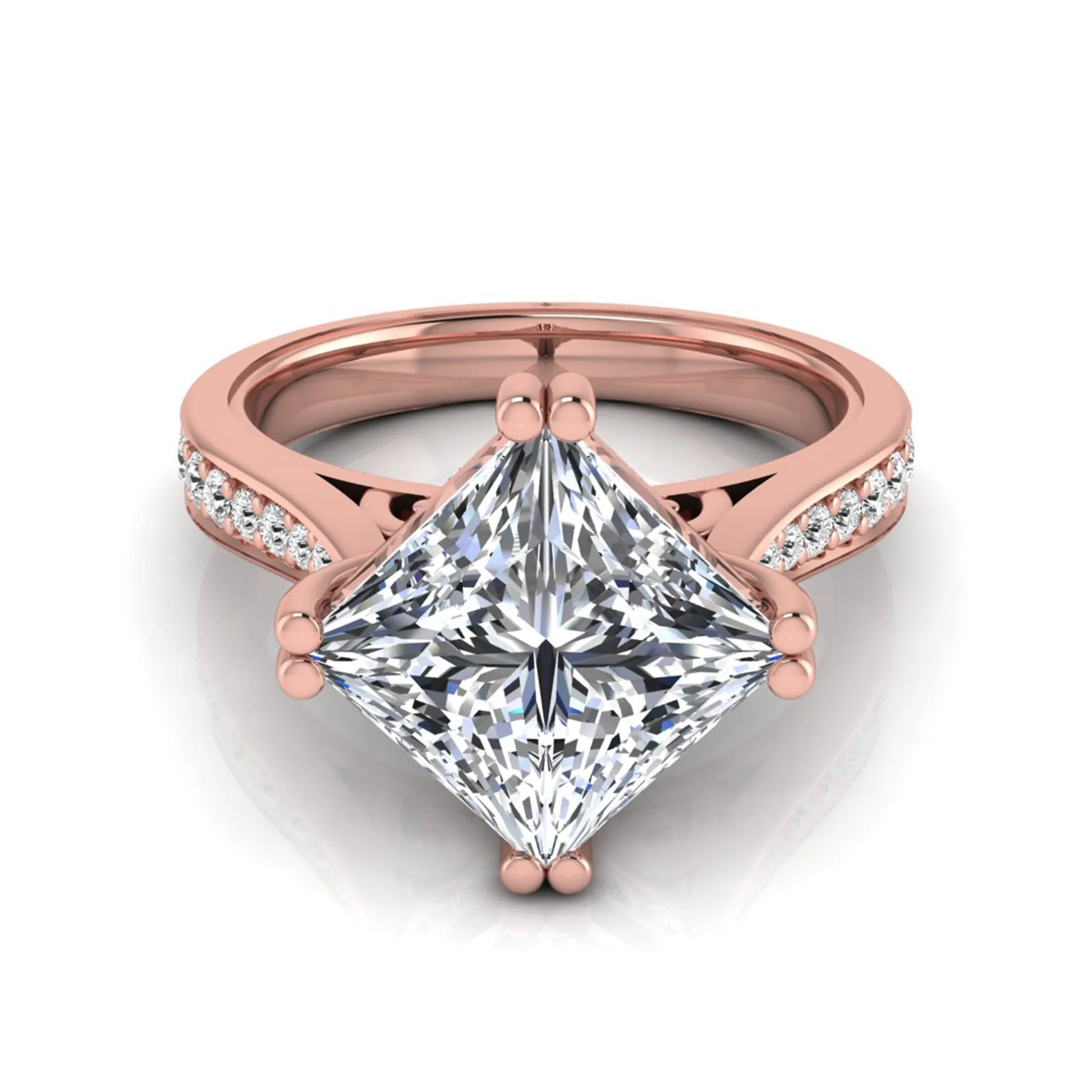 Princess cut lab grown diamond engagement ring featuring a 3.01 carat center diamond in a four-prong solitaire setting with a pavé accent band and polished rose gold tone finish.