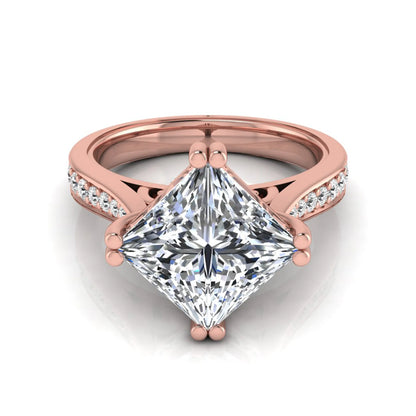 Princess cut lab grown diamond engagement ring featuring a 3.01 carat center diamond in a four-prong solitaire setting with a pavé accent band and polished rose gold tone finish.