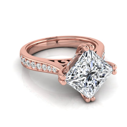 Princess cut lab grown diamond engagement ring featuring a 3.01 carat center diamond in a four-prong solitaire setting with a pavé accent band and polished rose gold tone finish.