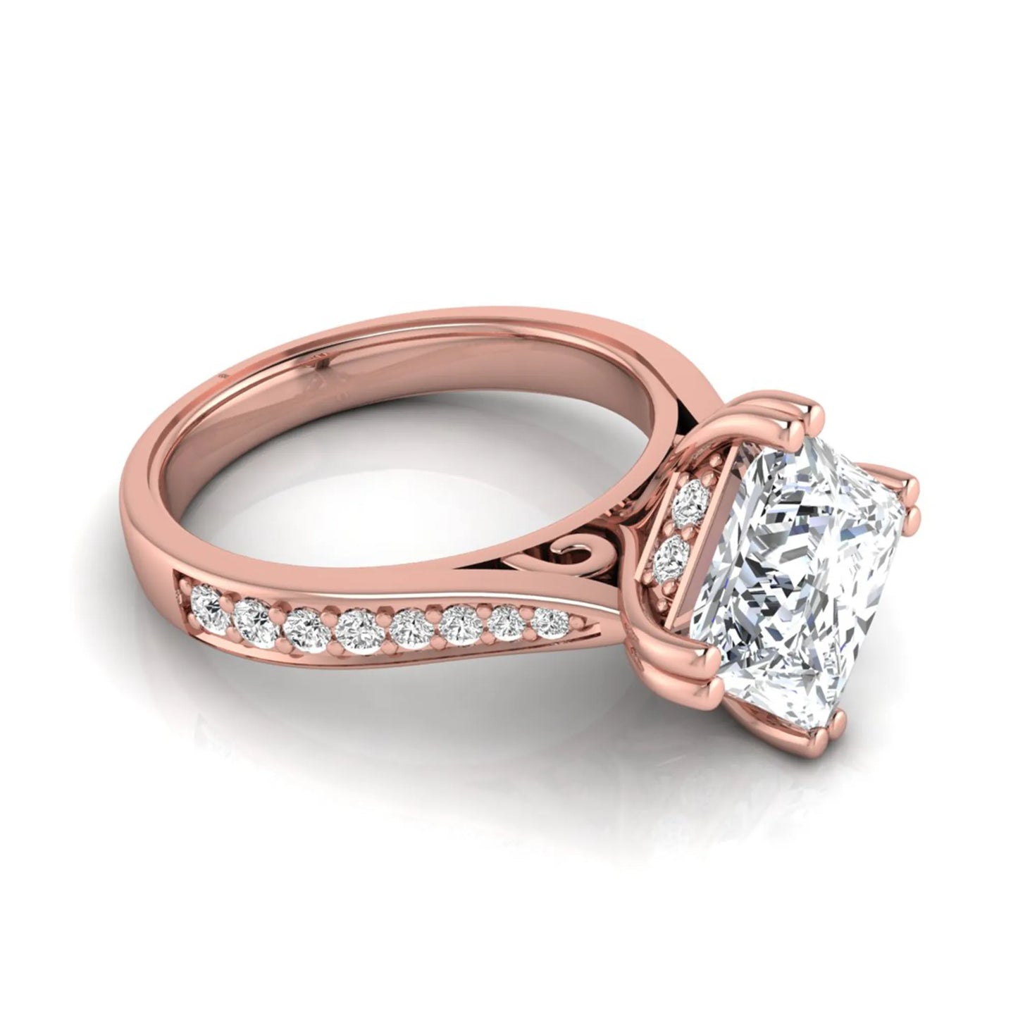 Princess cut lab grown diamond engagement ring featuring a 3.01 carat center diamond in a four-prong solitaire setting with a pavé accent band and polished rose gold tone finish.