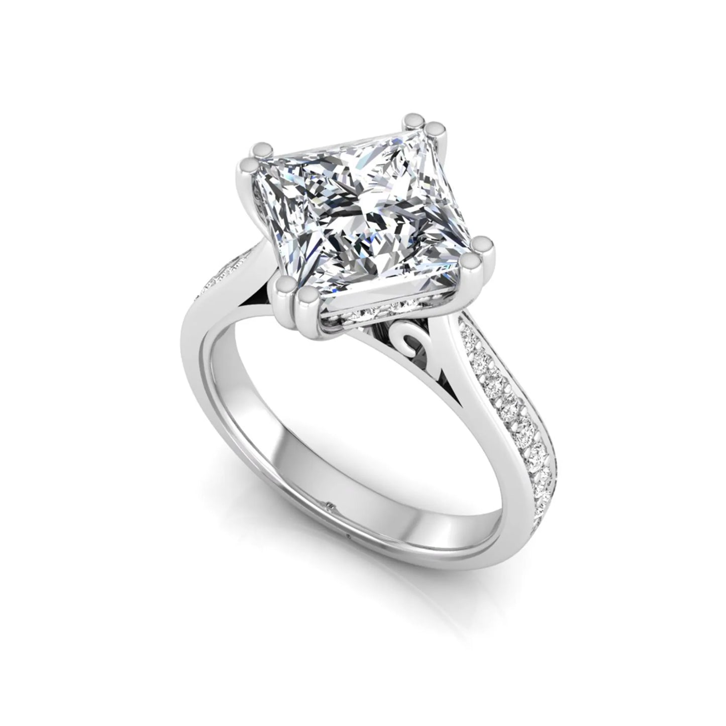 Princess cut lab grown diamond engagement ring featuring a 3.01 carat center diamond in a four-prong solitaire setting with a pavé accent band and polished white gold tone finish.