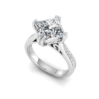 Princess cut lab grown diamond engagement ring featuring a 3.01 carat center diamond in a four-prong solitaire setting with a pavé accent band and polished white gold tone finish.