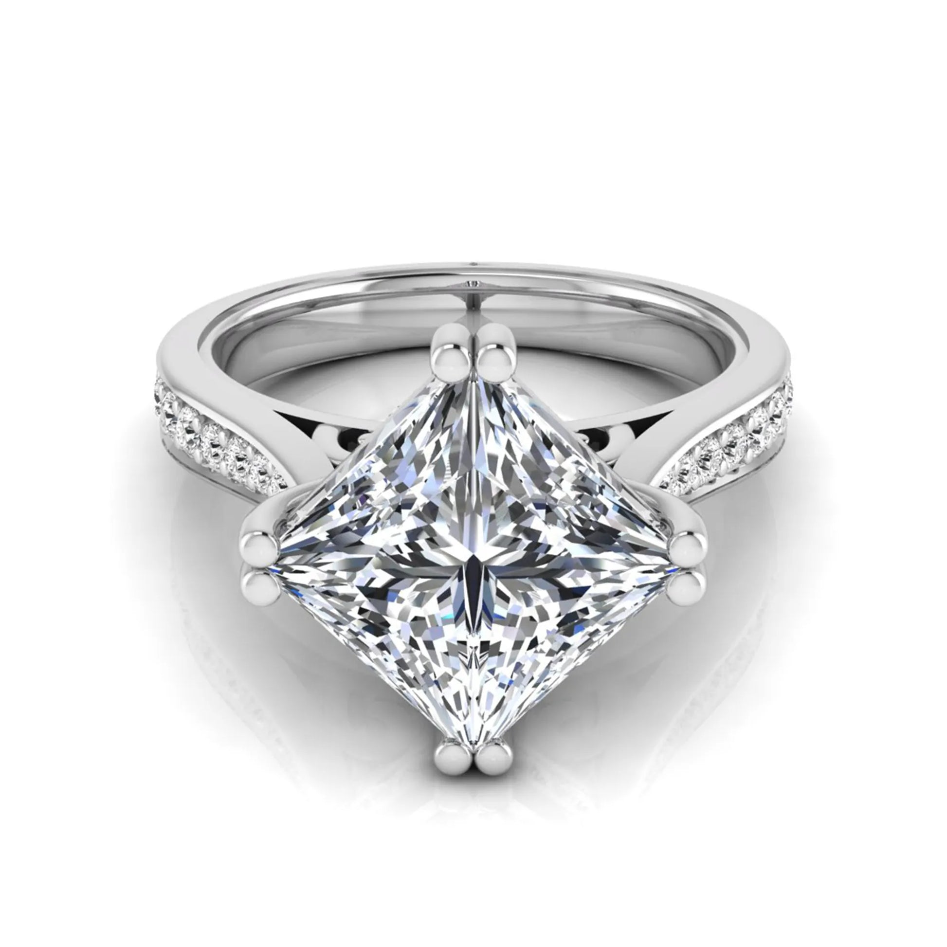 Princess cut lab grown diamond engagement ring featuring a 3.01 carat center diamond in a four-prong solitaire setting with a pavé accent band and polished white gold tone finish.