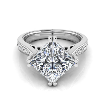 Princess cut lab grown diamond engagement ring featuring a 3.01 carat center diamond in a four-prong solitaire setting with a pavé accent band and polished white gold tone finish.
