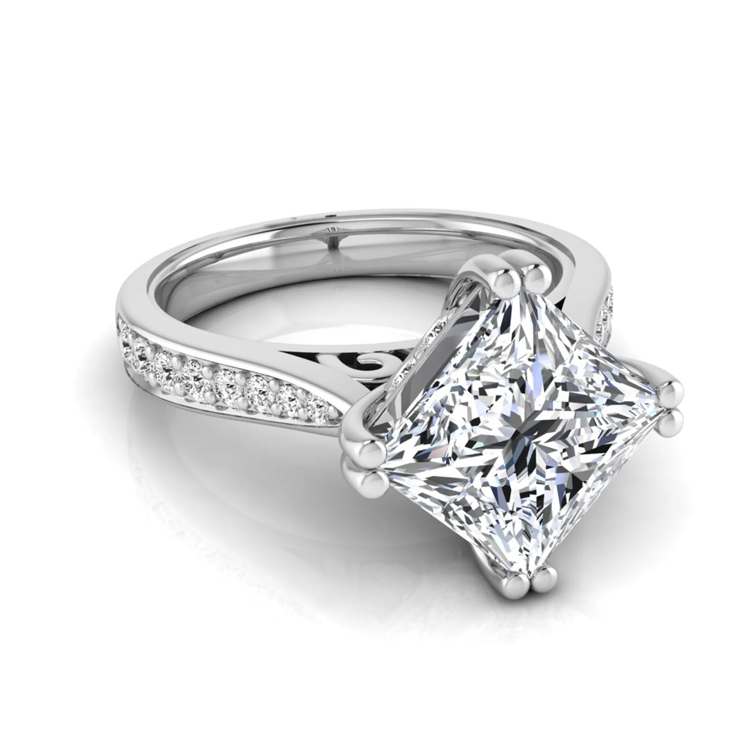 Princess cut lab grown diamond engagement ring featuring a 3.01 carat center diamond in a four-prong solitaire setting with a pavé accent band and polished white gold tone finish.