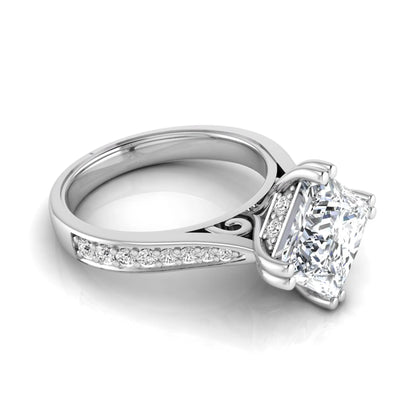 Princess cut lab grown diamond engagement ring featuring a 3.01 carat center diamond in a four-prong solitaire setting with a pavé accent band and polished white gold tone finish.