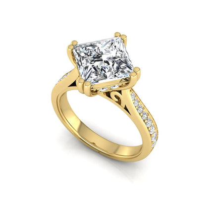 Princess cut lab grown diamond engagement ring featuring a 3.01 carat center diamond in a four-prong solitaire setting with a pavé accent band and polished yellow gold tone finish.
