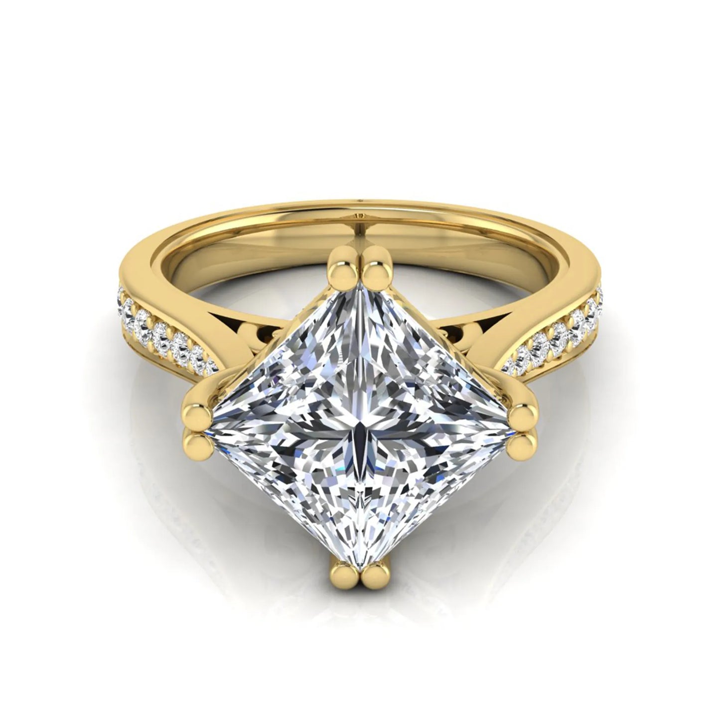 Princess cut lab grown diamond engagement ring featuring a 3.01 carat center diamond in a four-prong solitaire setting with a pavé accent band and polished yellow gold tone finish.