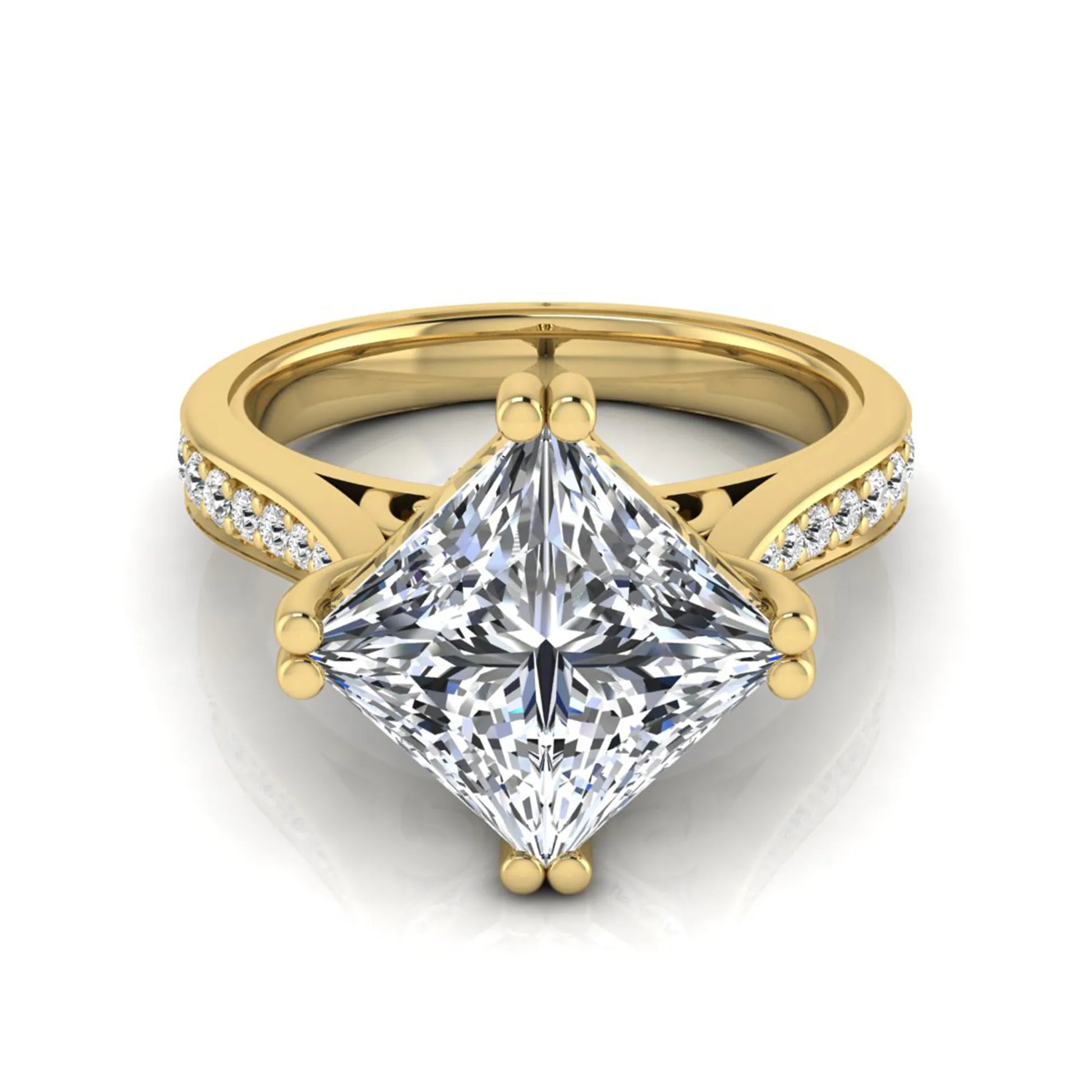 Princess cut lab grown diamond engagement ring featuring a 3.01 carat center diamond in a four-prong solitaire setting with a pavé accent band and polished yellow gold tone finish.