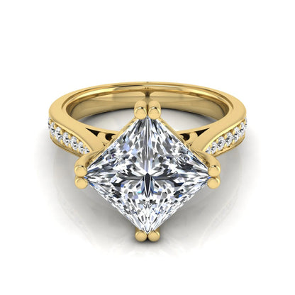 Princess cut lab grown diamond engagement ring featuring a 3.01 carat center diamond in a four-prong solitaire setting with a pavé accent band and polished yellow gold tone finish.