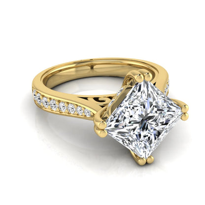 Princess cut lab grown diamond engagement ring featuring a 3.01 carat center diamond in a four-prong solitaire setting with a pavé accent band and polished yellow gold tone finish.