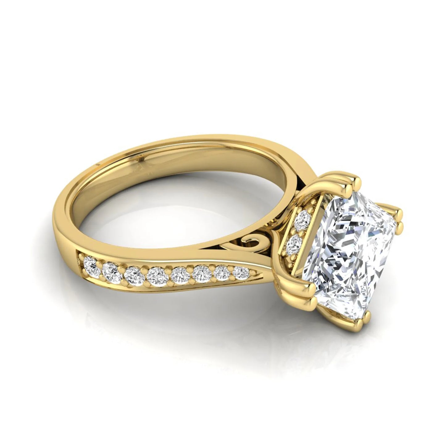 Princess cut lab grown diamond engagement ring featuring a 3.01 carat center diamond in a four-prong solitaire setting with a pavé accent band and polished yellow gold tone finish.