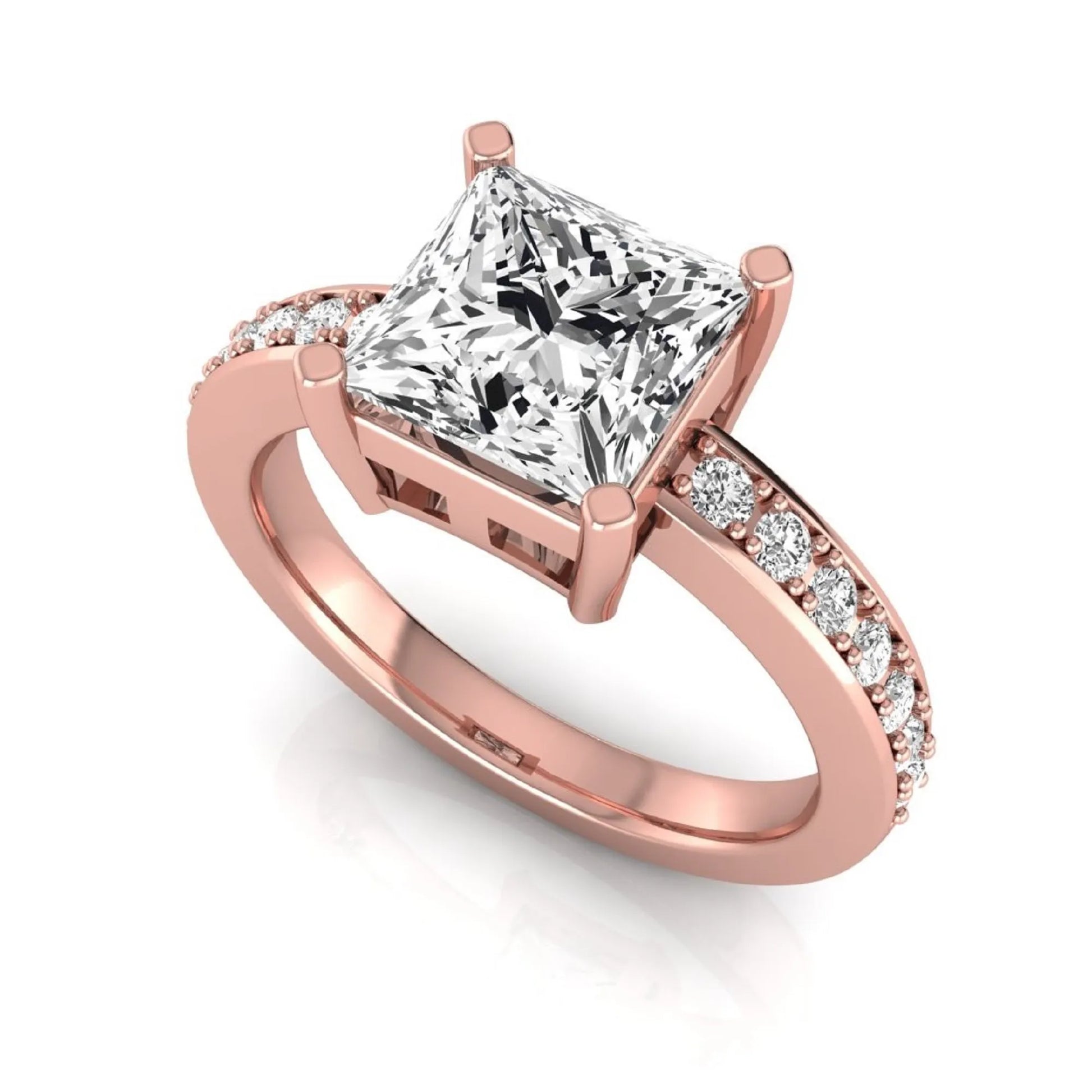 Princess cut lab grown diamond engagement ring featuring a four-prong solitaire setting with a pavé accent band and polished rose gold tone finish.