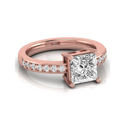 Princess cut lab grown diamond engagement ring featuring a four-prong solitaire setting with a pavé accent band and polished rose gold tone finish.