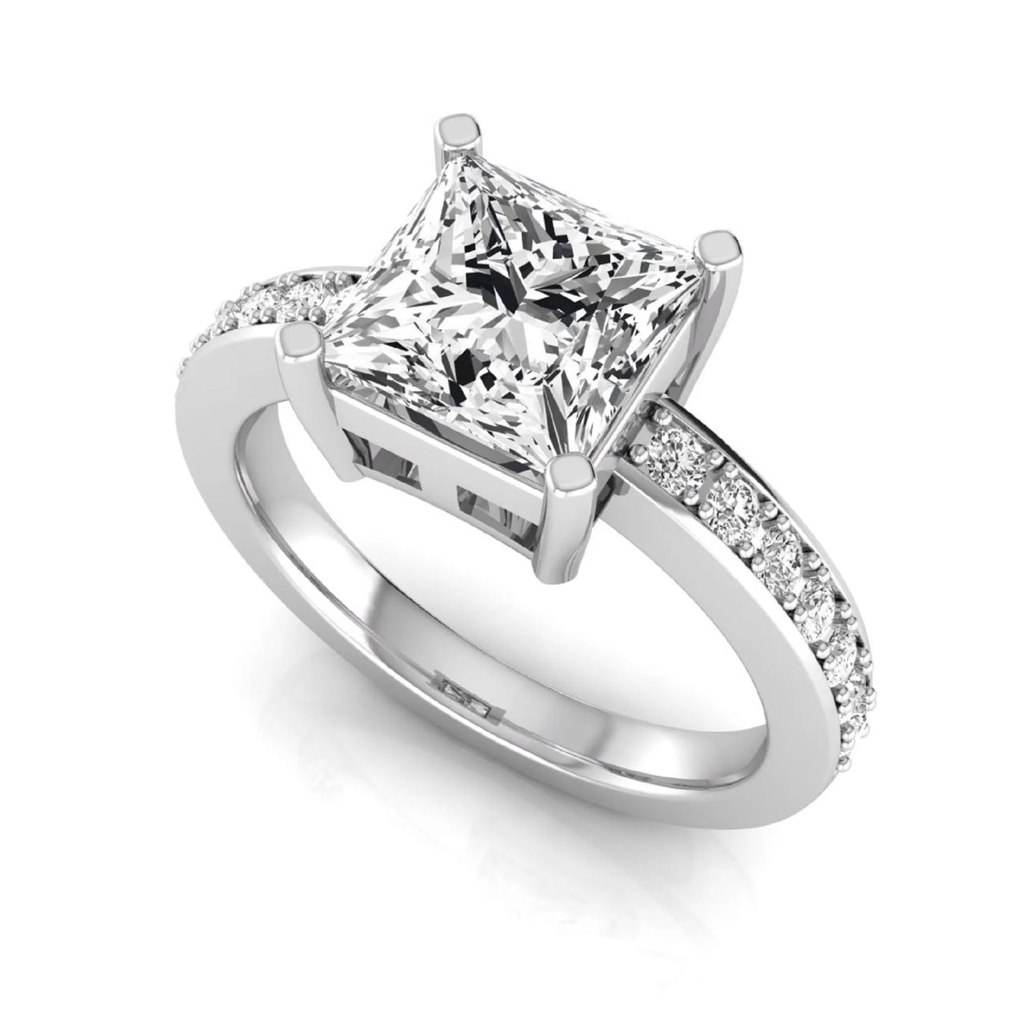 Princess cut lab grown diamond engagement ring featuring a four-prong solitaire setting with a pavé accent band and polished white gold tone finish.