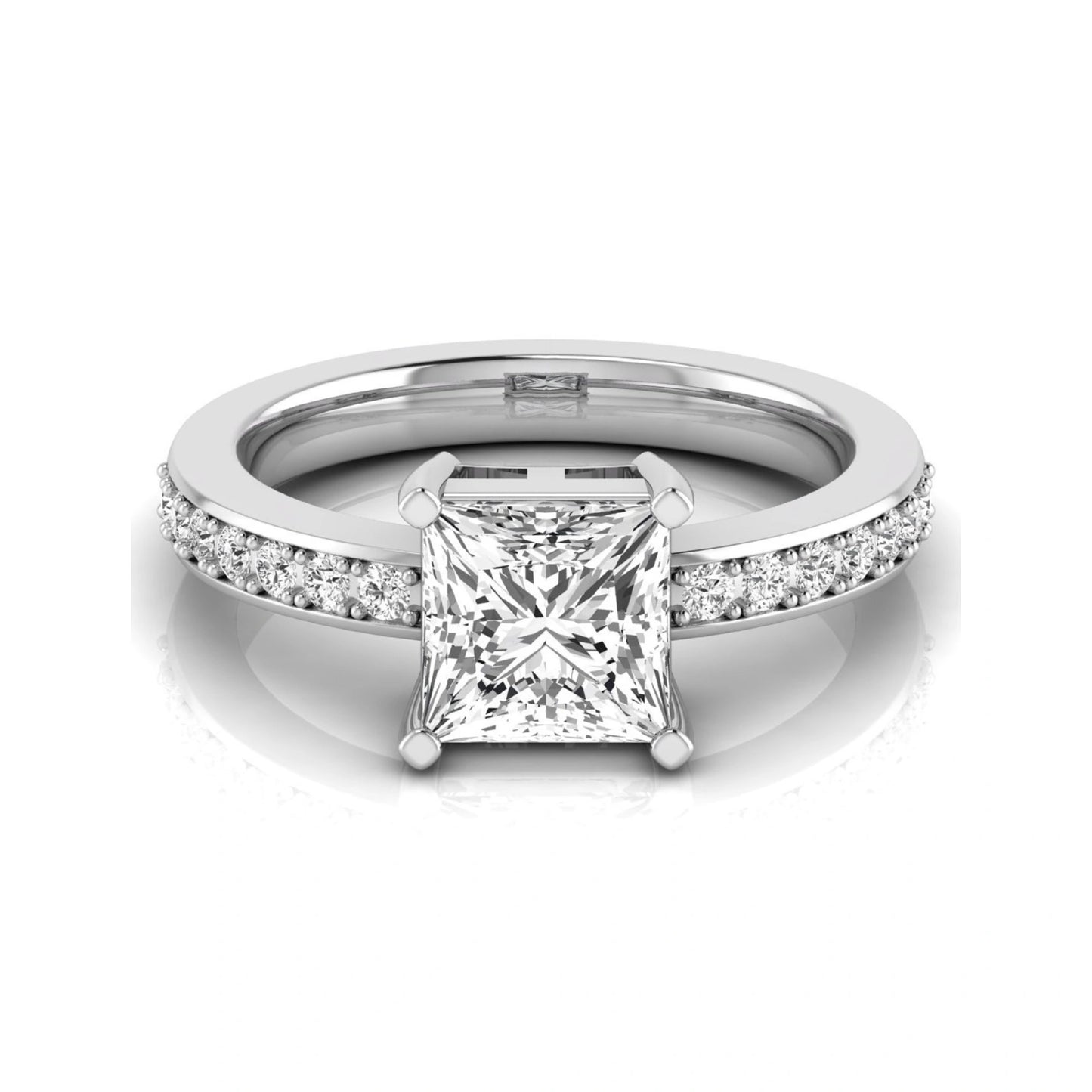 Princess cut lab grown diamond engagement ring featuring a four-prong solitaire setting with a pavé accent band and polished white gold tone finish.