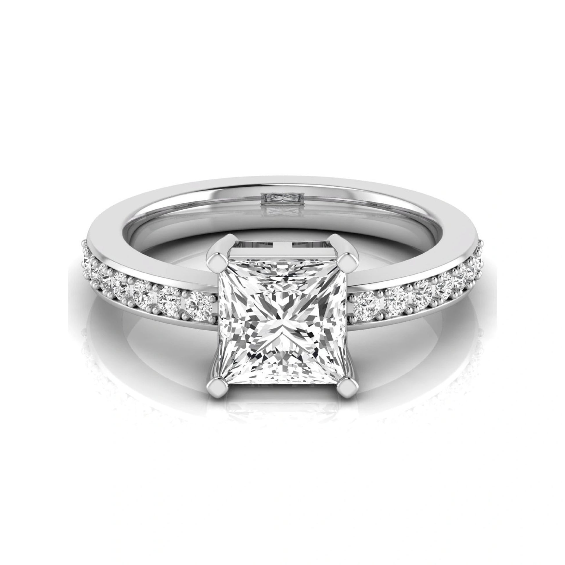 Princess cut lab grown diamond engagement ring featuring a four-prong solitaire setting with a pavé accent band and polished white gold tone finish.