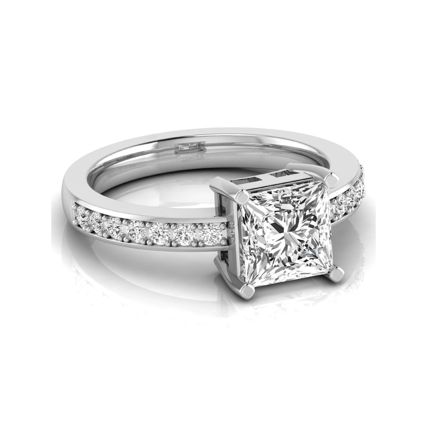 Princess cut lab grown diamond engagement ring featuring a four-prong solitaire setting with a pavé accent band and polished white gold tone finish.