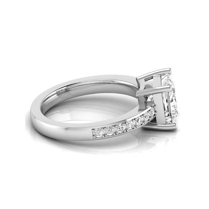 Princess cut lab grown diamond engagement ring featuring a four-prong solitaire setting with a pavé accent band and polished white gold tone finish.