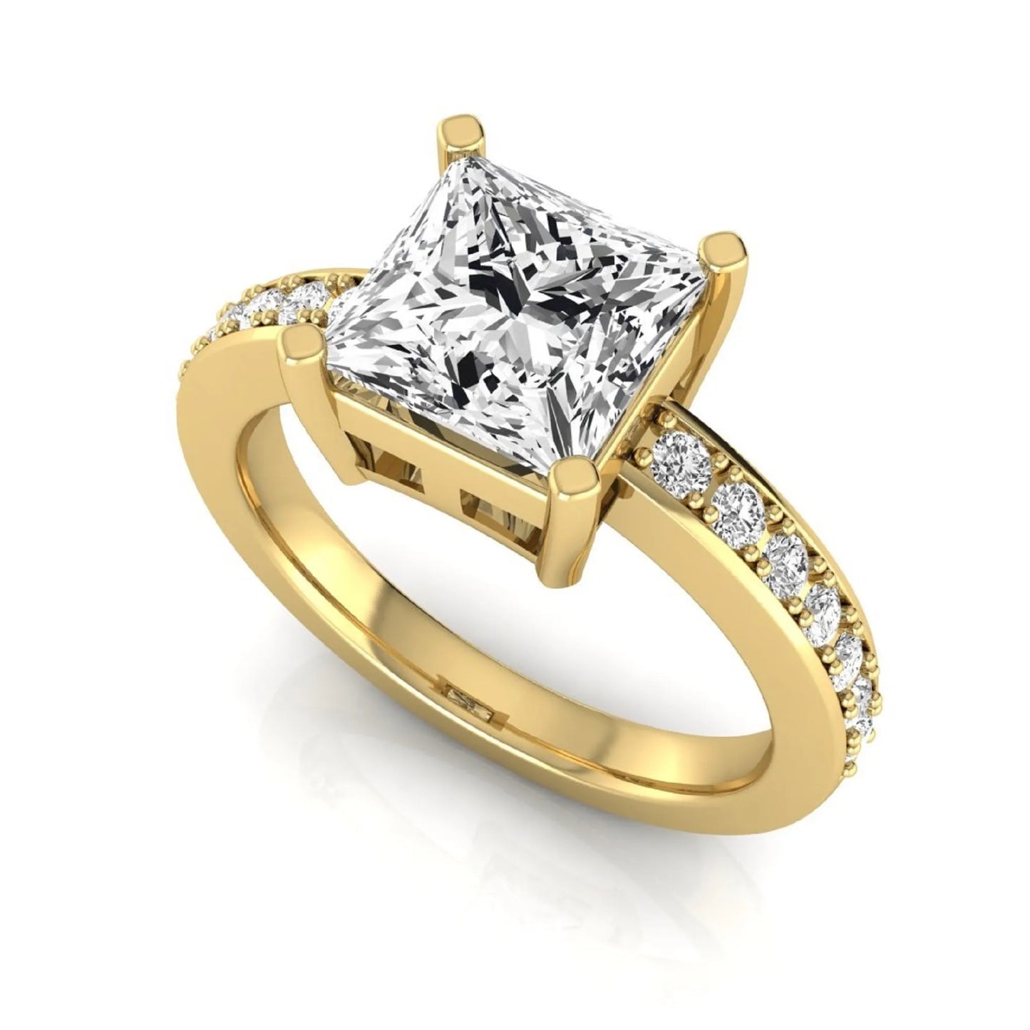 Princess cut lab grown diamond engagement ring featuring a four-prong solitaire setting with a pavé accent band and polished yellow gold tone finish.