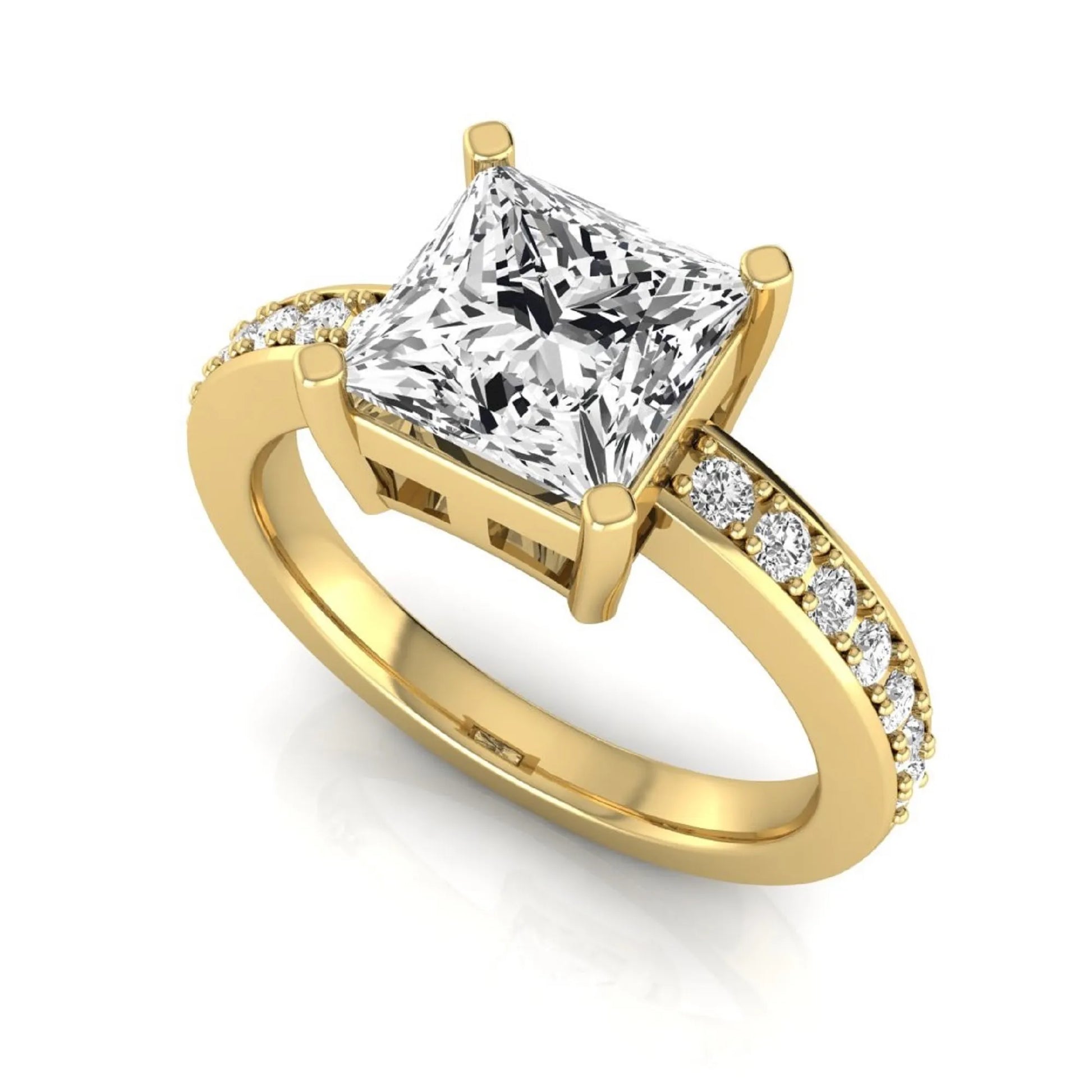 Princess cut lab grown diamond engagement ring featuring a four-prong solitaire setting with a pavé accent band and polished yellow gold tone finish.