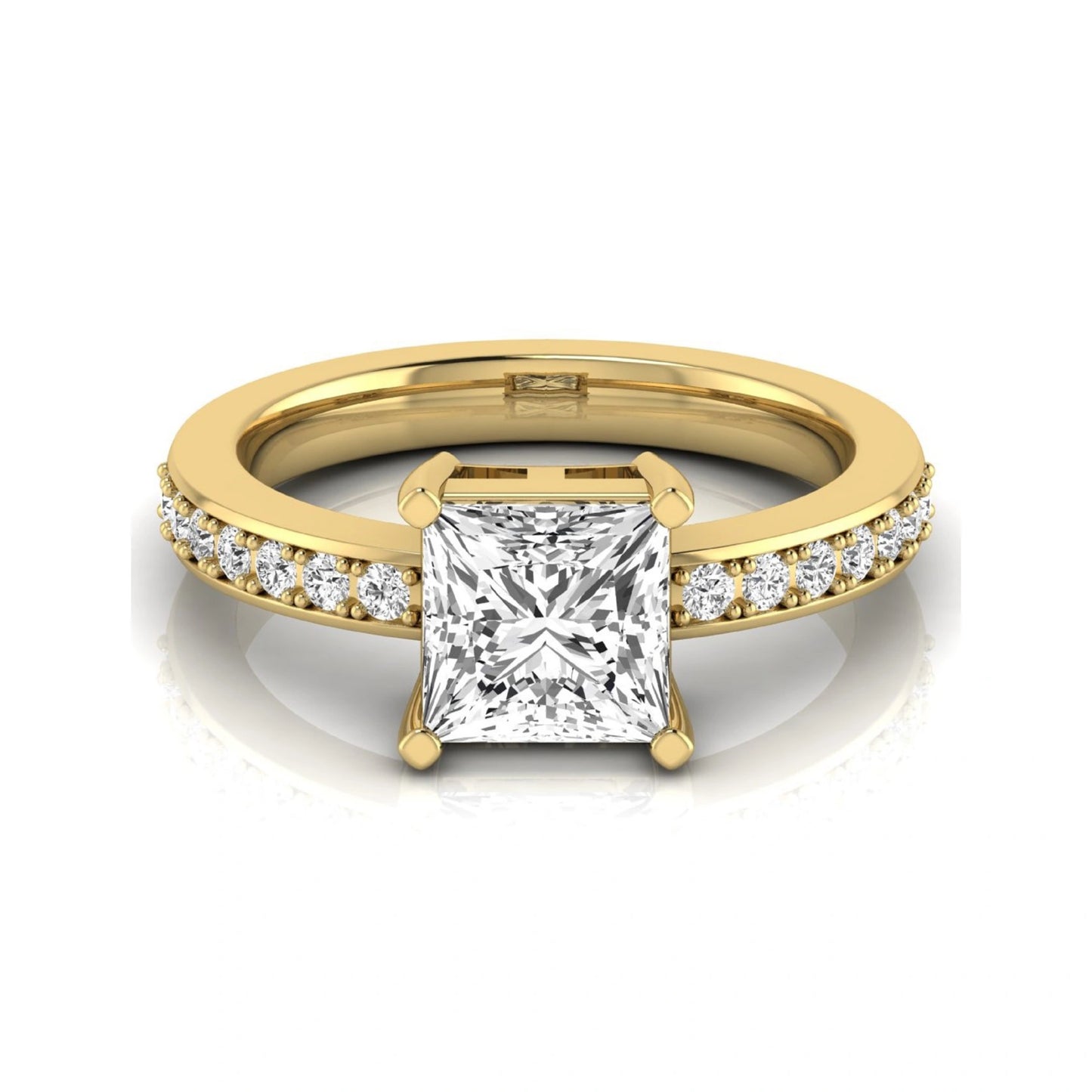 Princess cut lab grown diamond engagement ring featuring a four-prong solitaire setting with a pavé accent band and polished yellow gold tone finish.