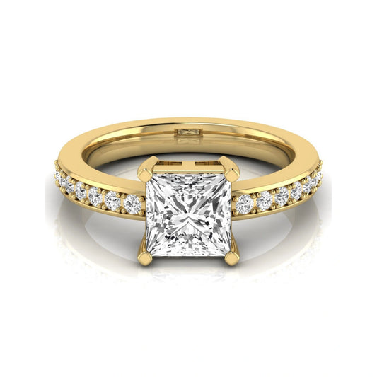 Princess cut lab grown diamond engagement ring featuring a four-prong solitaire setting with a pavé accent band and polished yellow gold tone finish.