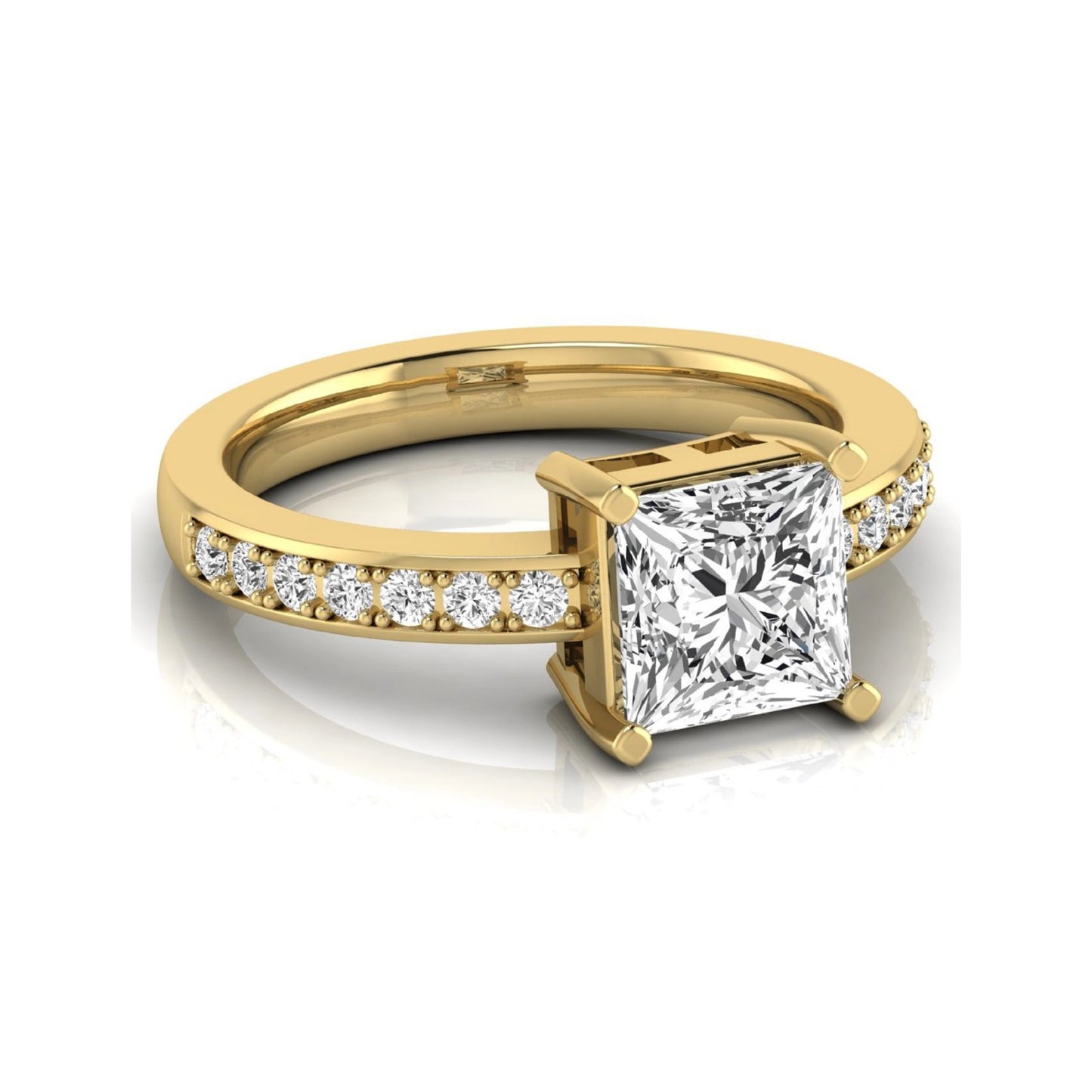Princess cut lab grown diamond engagement ring featuring a four-prong solitaire setting with a pavé accent band and polished yellow gold tone finish.