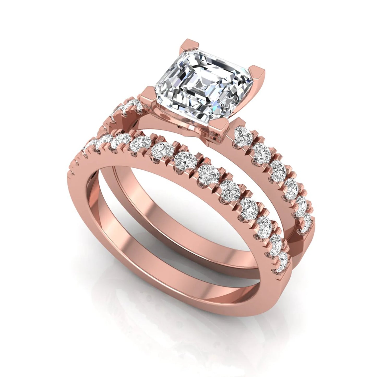 Princess cut lab grown diamond solitaire bridal ring set featuring a four-prong engagement ring with a matching pavé diamond wedding band in rose gold.
