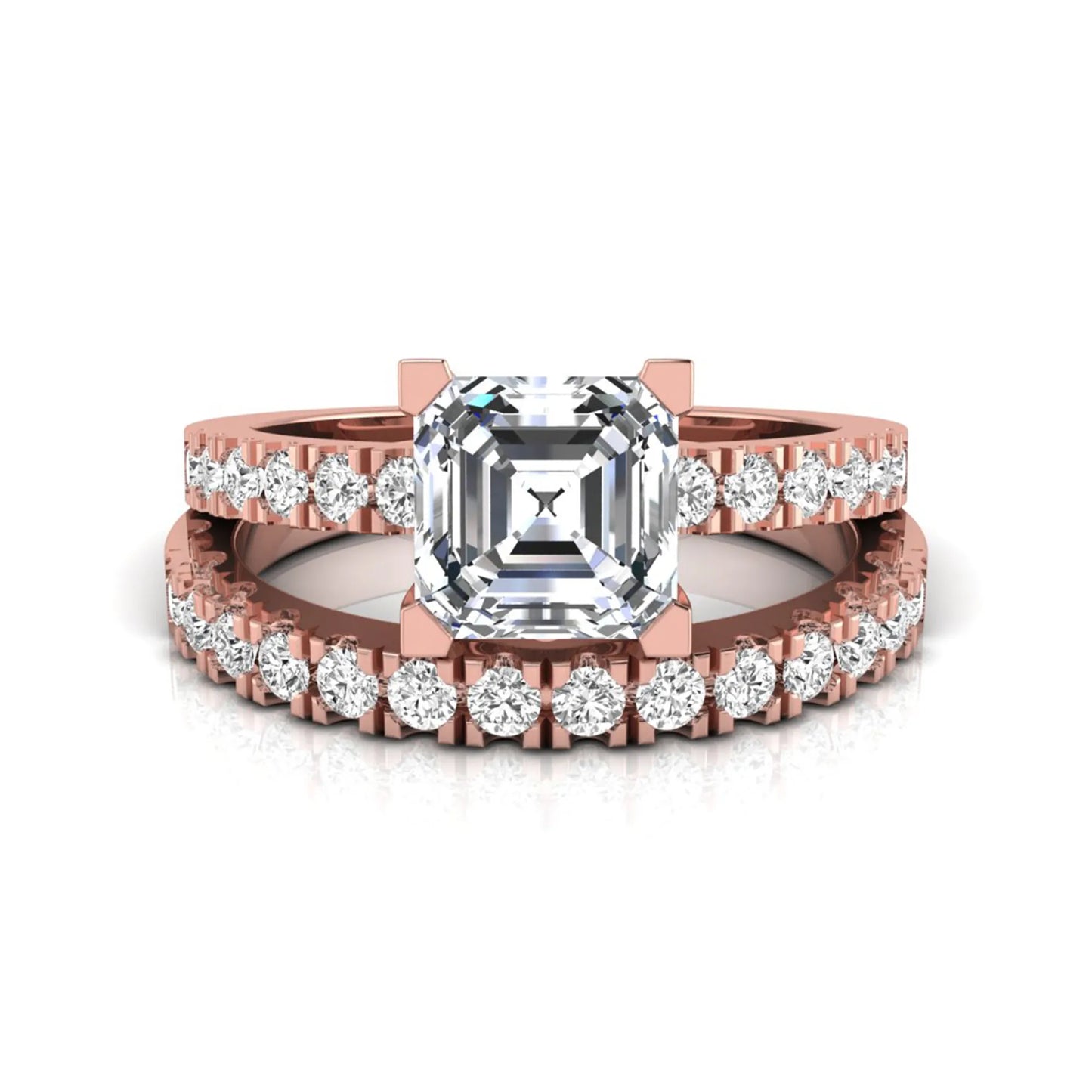 Princess cut lab grown diamond solitaire bridal ring set featuring a four-prong engagement ring with a matching pavé diamond wedding band in rose gold.