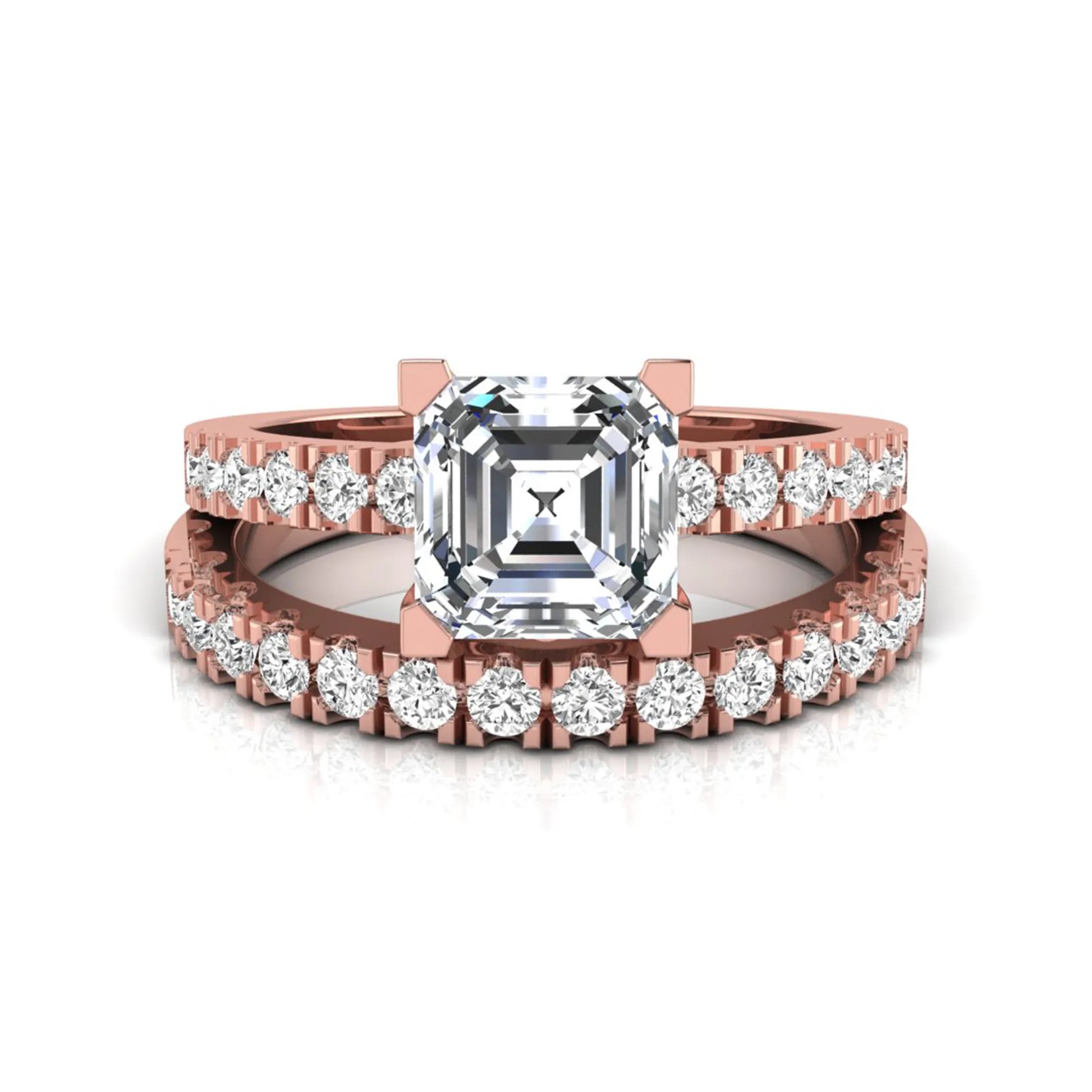 Princess cut lab grown diamond solitaire bridal ring set featuring a four-prong engagement ring with a matching pavé diamond wedding band in rose gold.