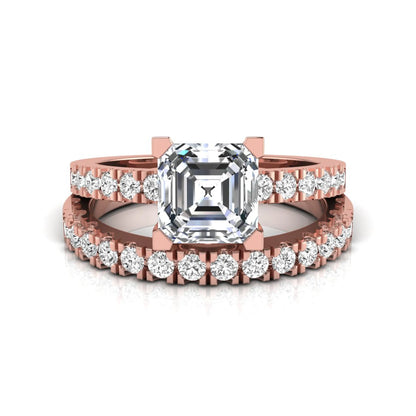 Princess cut lab grown diamond solitaire bridal ring set featuring a four-prong engagement ring with a matching pavé diamond wedding band in rose gold.
