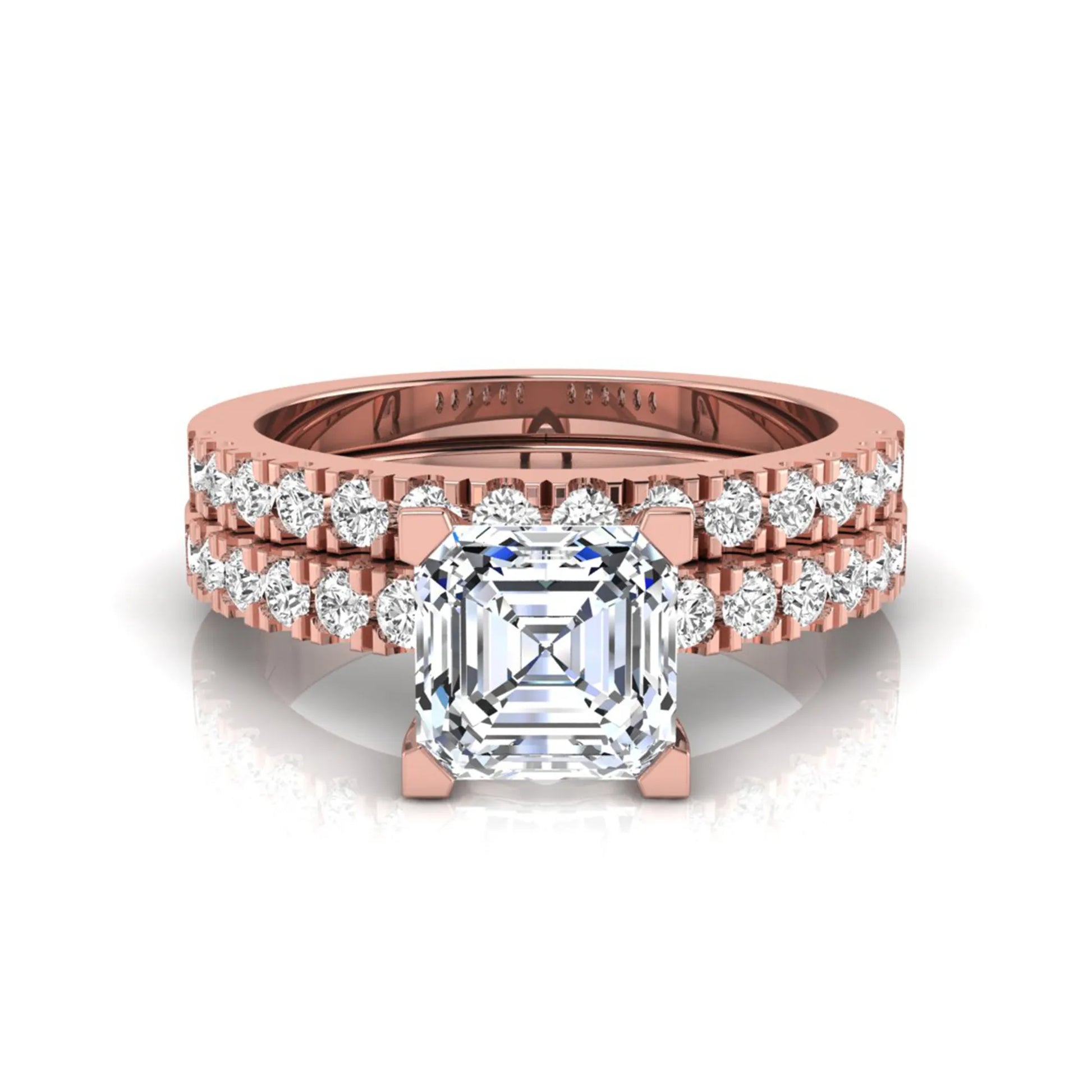 Princess cut lab grown diamond solitaire bridal ring set featuring a four-prong engagement ring with a matching pavé diamond wedding band in rose gold.