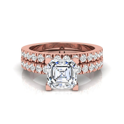Princess cut lab grown diamond solitaire bridal ring set featuring a four-prong engagement ring with a matching pavé diamond wedding band in rose gold.