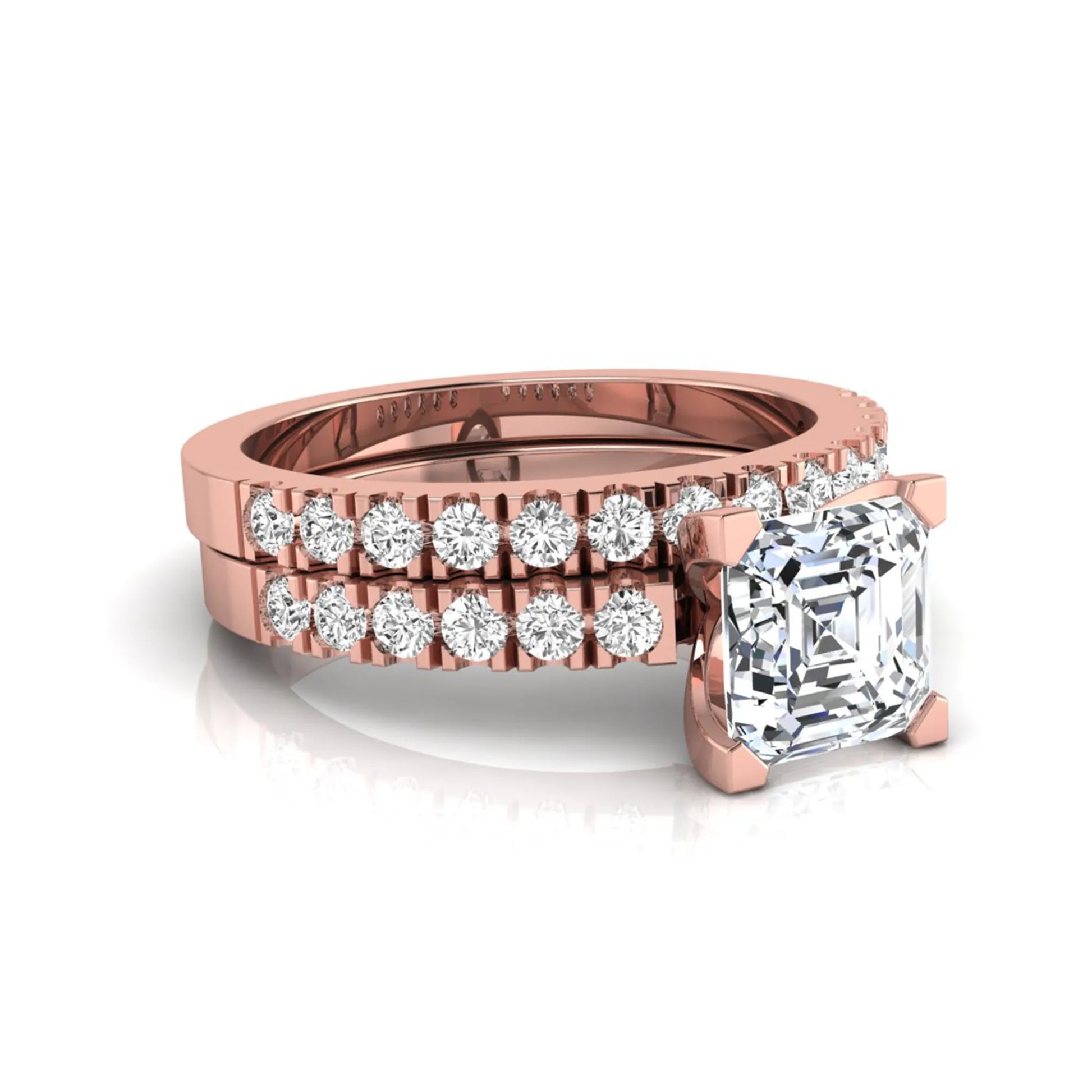 Princess cut lab grown diamond solitaire bridal ring set featuring a four-prong engagement ring with a matching pavé diamond wedding band in rose gold.