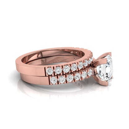 Princess cut lab grown diamond solitaire bridal ring set featuring a four-prong engagement ring with a matching pavé diamond wedding band in rose gold.