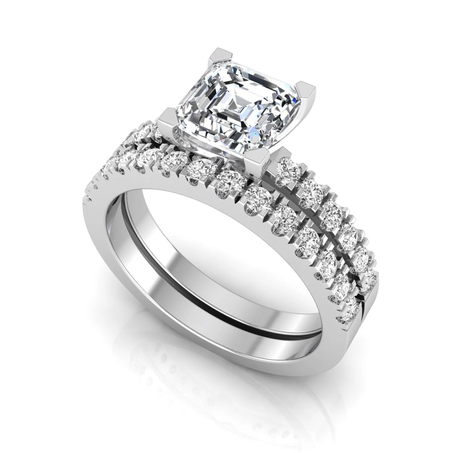 Princess cut lab grown diamond solitaire bridal ring set featuring a four-prong engagement ring with a matching pavé diamond wedding band in white gold.