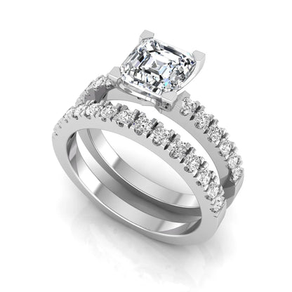 Princess cut lab grown diamond solitaire bridal ring set featuring a four-prong engagement ring with a matching pavé diamond wedding band in white gold.