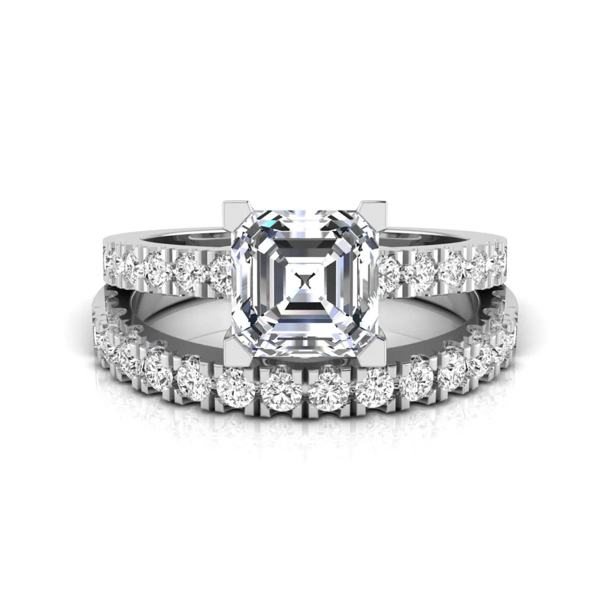 Princess cut lab grown diamond solitaire bridal ring set featuring a four-prong engagement ring with a matching pavé diamond wedding band in white gold.
