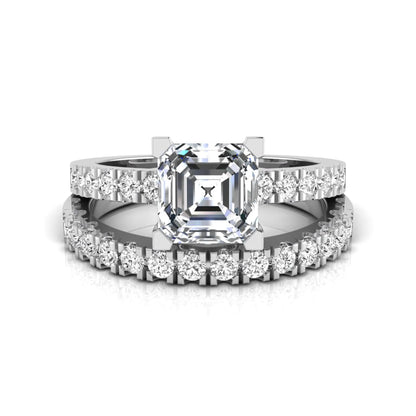 Princess cut lab grown diamond solitaire bridal ring set featuring a four-prong engagement ring with a matching pavé diamond wedding band in white gold.