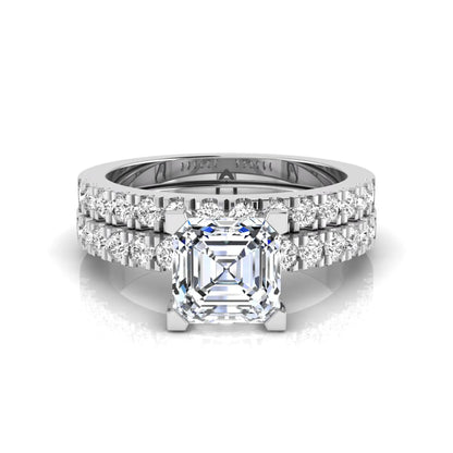 Princess cut lab grown diamond solitaire bridal ring set featuring a four-prong engagement ring with a matching pavé diamond wedding band in white gold.