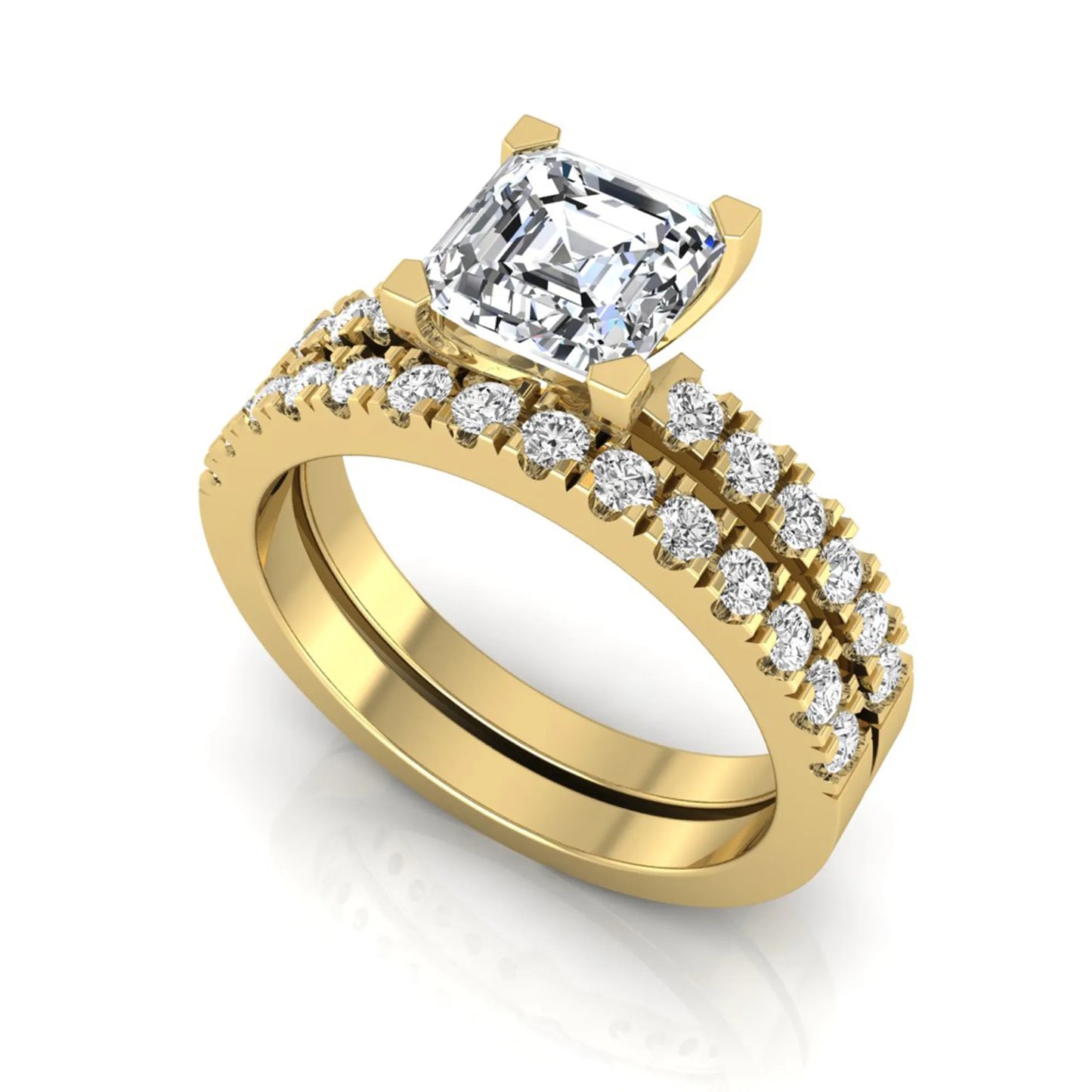Princess cut lab grown diamond solitaire bridal ring set featuring a four-prong engagement ring with a matching pavé diamond wedding band in yellow gold.