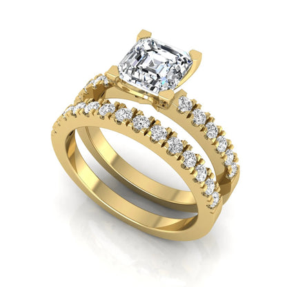 Princess cut lab grown diamond solitaire bridal ring set featuring a four-prong engagement ring with a matching pavé diamond wedding band in yellow gold.
