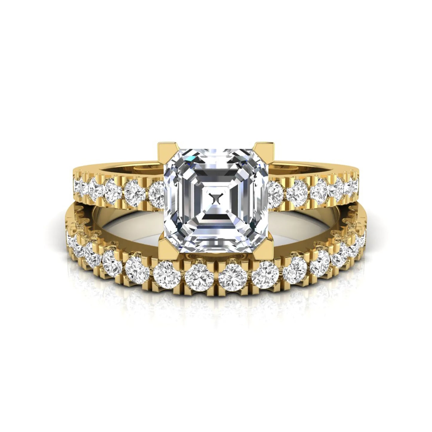 Princess cut lab grown diamond solitaire bridal ring set featuring a four-prong engagement ring with a matching pavé diamond wedding band in yellow gold.