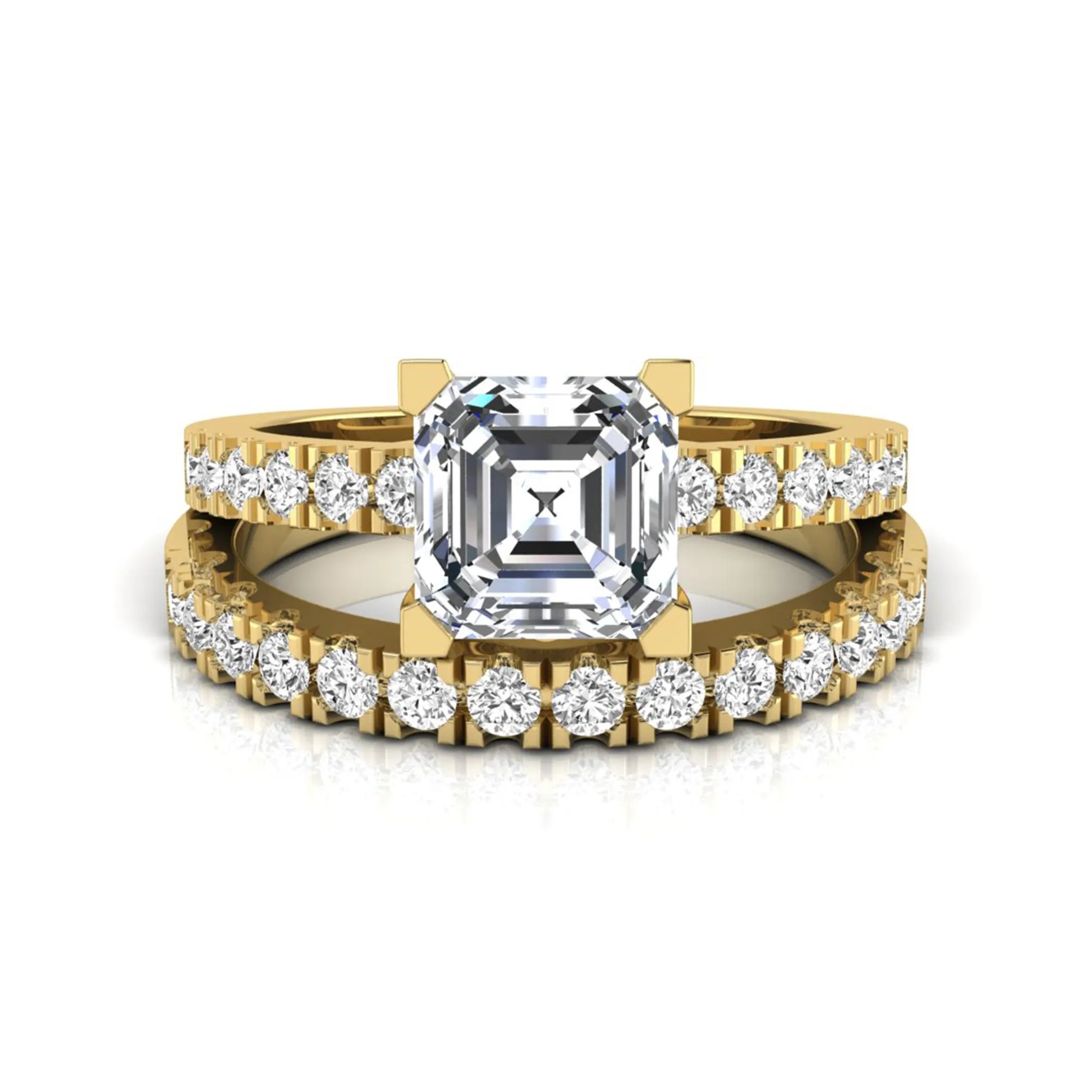 Princess cut lab grown diamond solitaire bridal ring set featuring a four-prong engagement ring with a matching pavé diamond wedding band in yellow gold.