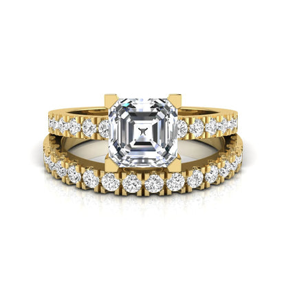 Princess cut lab grown diamond solitaire bridal ring set featuring a four-prong engagement ring with a matching pavé diamond wedding band in yellow gold.