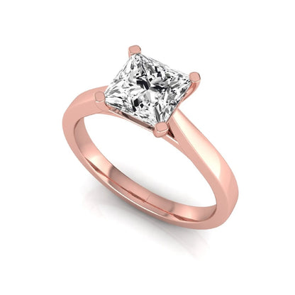 Princess cut lab grown diamond engagement ring featuring a 0.99 carat IGI certified center diamond in a classic four-prong solitaire setting with a polished rose gold band.