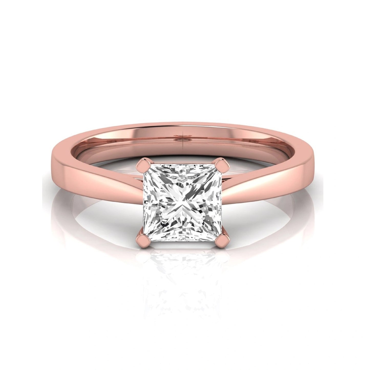 Princess cut lab grown diamond engagement ring featuring a 0.99 carat IGI certified center diamond in a classic four-prong solitaire setting with a polished rose gold band.